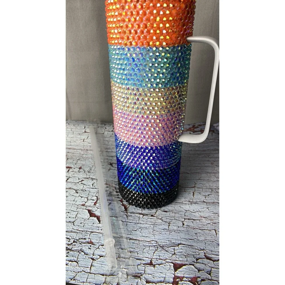 Multicolor Handmade Rhinestone Tumbler W/Handle 20oz Skinny W/Lid & Straw